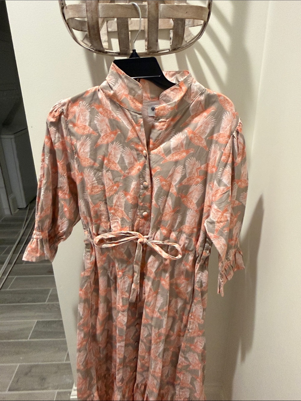 Coral and Cream Printed Maxi Dress with Tie Waist